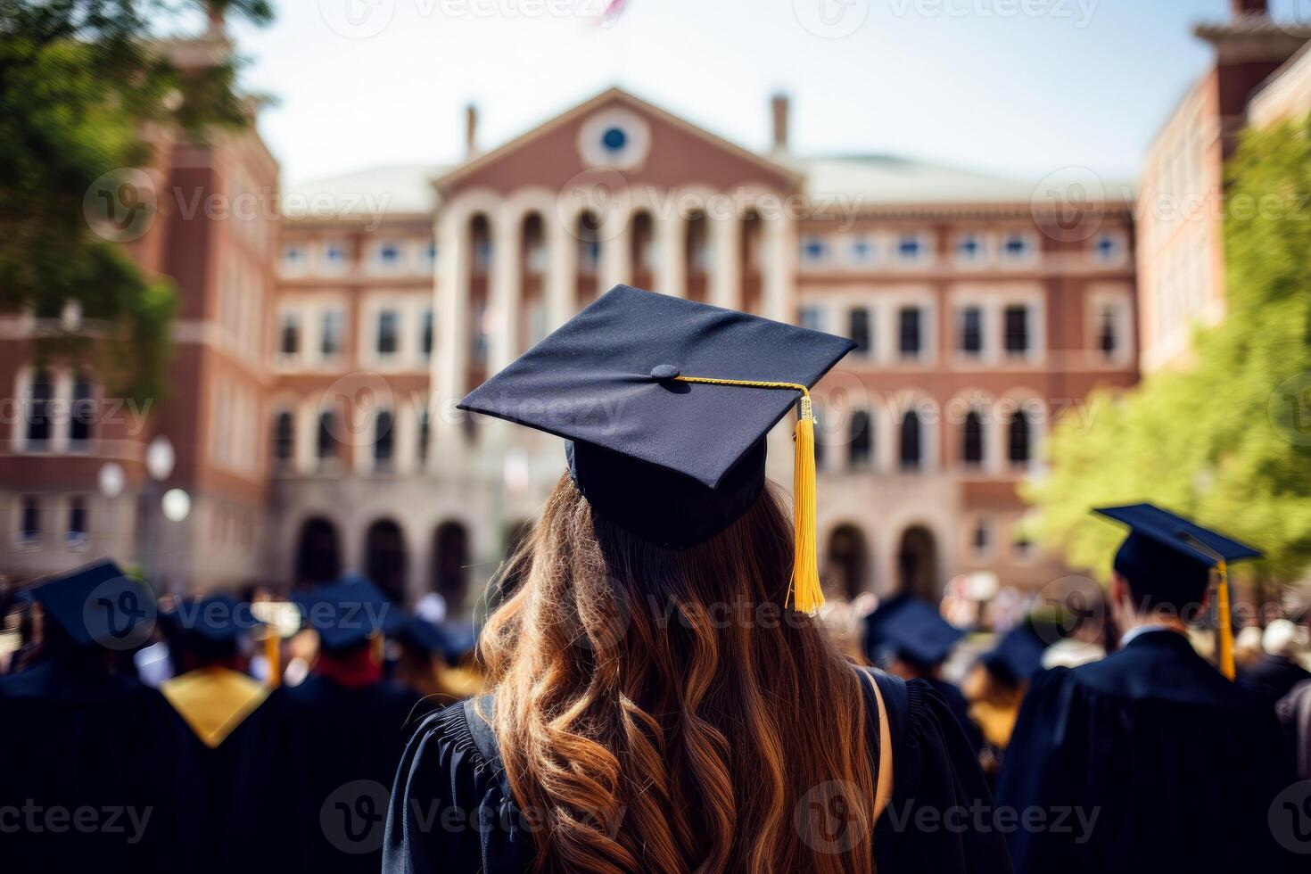 ai generato indietro Visualizza di un' gruppo di studenti a la laurea con la laurea cappucci. generativo ai. foto