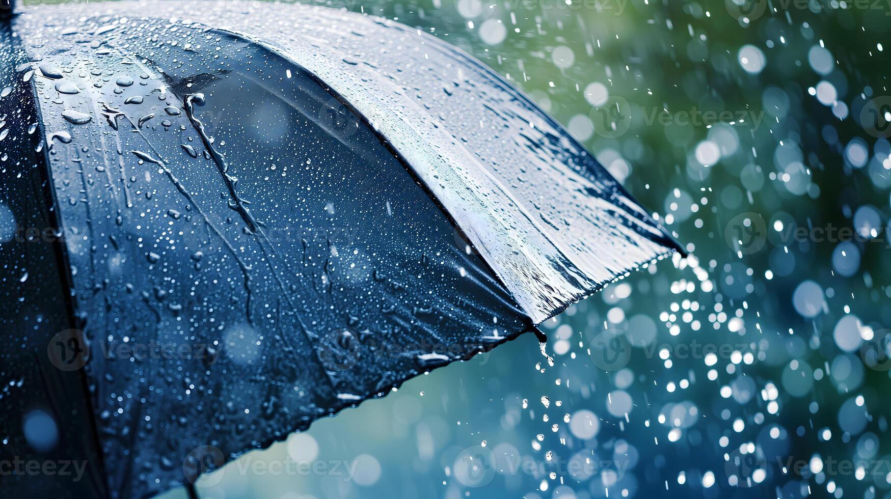 ai generato vicino su, nero ombrello sotto pioggia contro un' sfondo di acqua goccioline schizzi. concetto di piovoso tempo atmosferico. foto