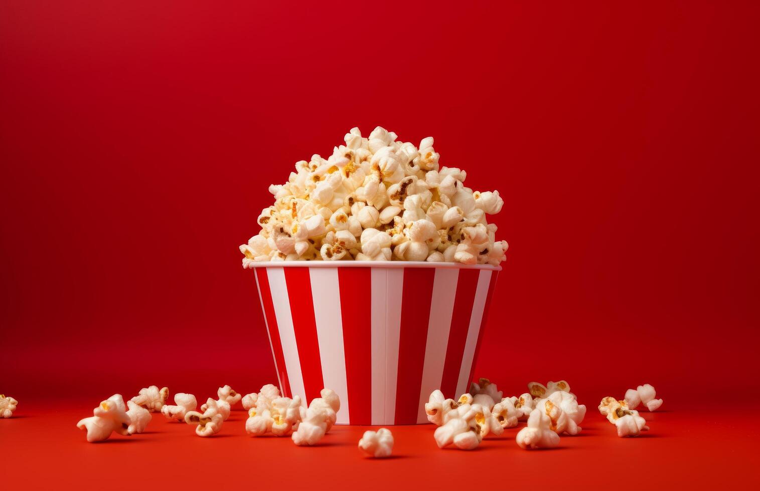 ai generato su un' rosso sfondo un' secchio di Popcorn è seduta nel davanti di un' telecamera foto