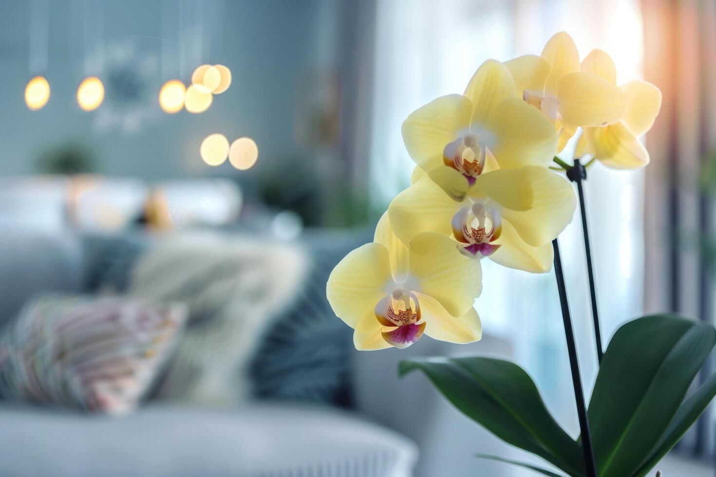 ai generato bellissimo giallo orchidea fiore avvicinamento nel il interno. indietro Visualizza di sfocato leggero sfondo di moderno vivente camera foto