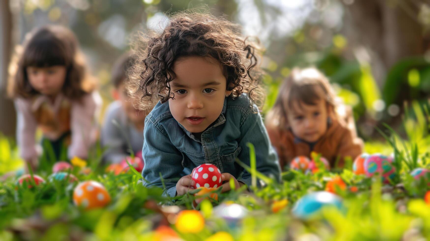 ai generato Pasqua uovo caccia. bambini ricerca per nascosto uova nel fioritura giardini foto