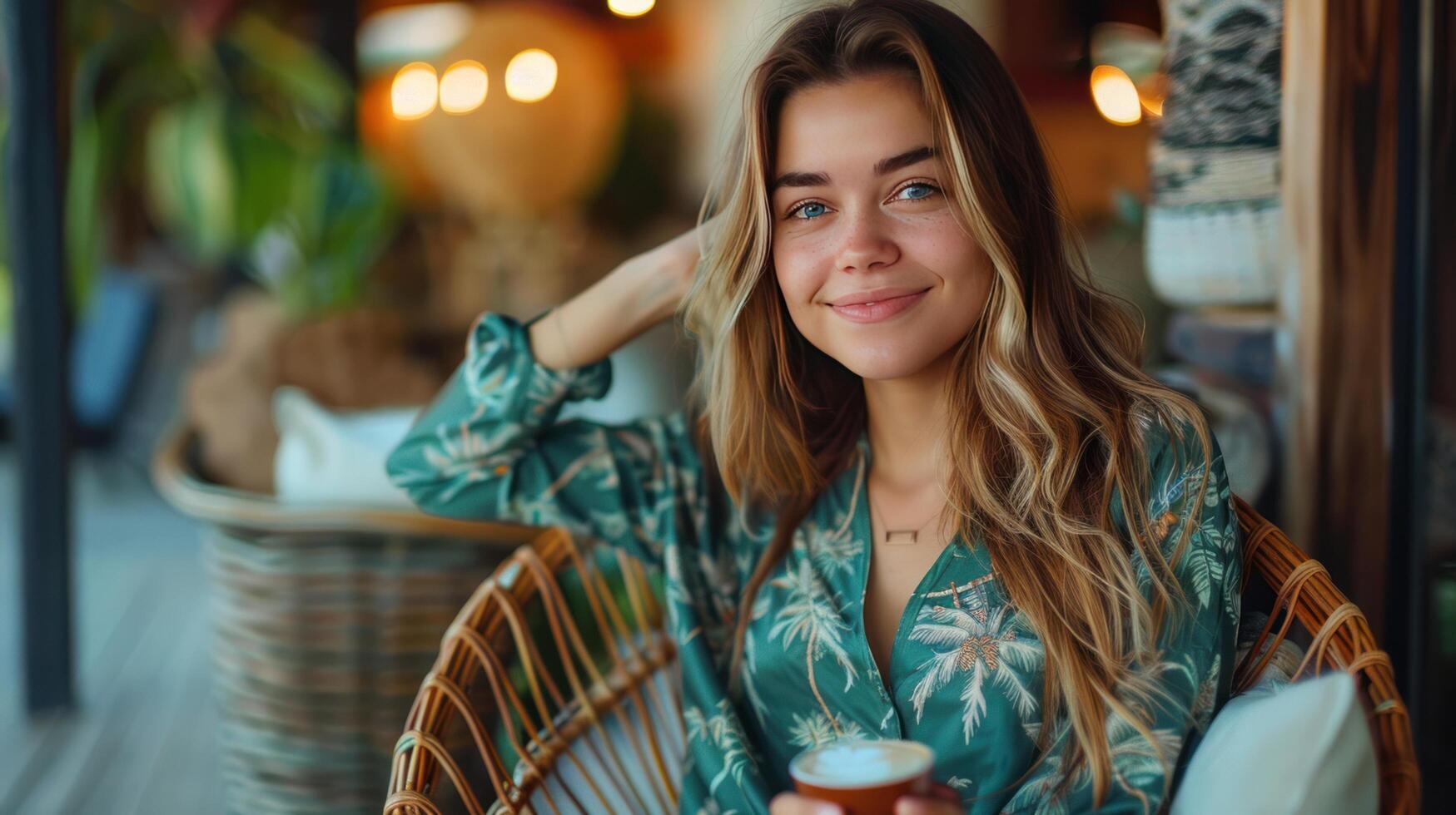 ai generato un' giovane bellissimo donna nel buio verde pigiama con un' modello di palma alberi bevande caffè mentre seduta foto