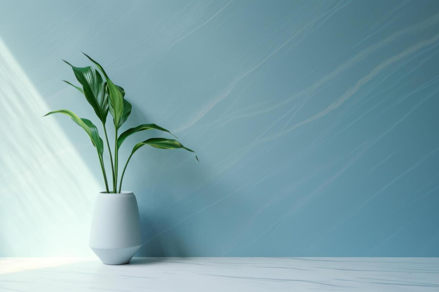 ai generato un' leggero blu parete con un' verde pianta nel un' vaso foto