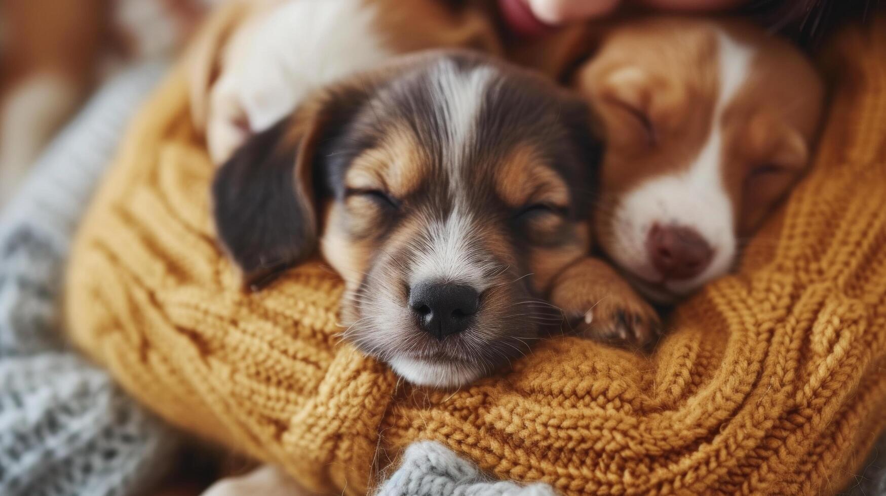 ai generato adorabile cuccioli rannicchiato su con loro umano compagni, formatura infrangibile obbligazioni di amore foto