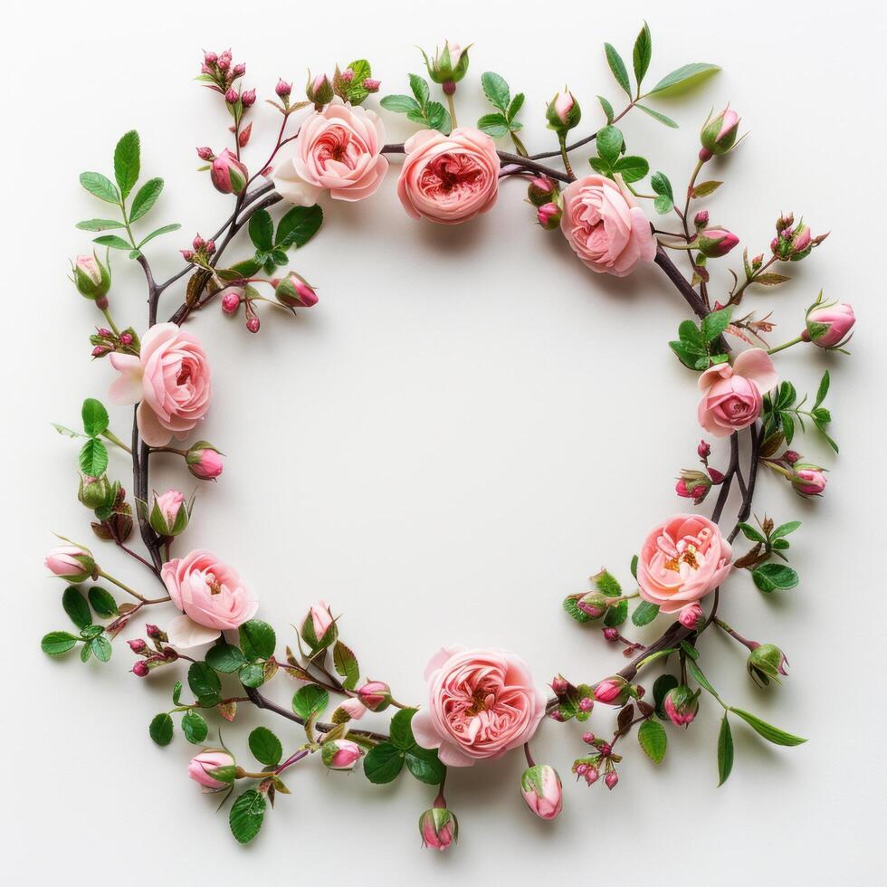 ai generato circolare ghirlanda modello con Rose, rosa fiore mini cuffie, rami, e le foglie isolato su un' bianca sfondo foto