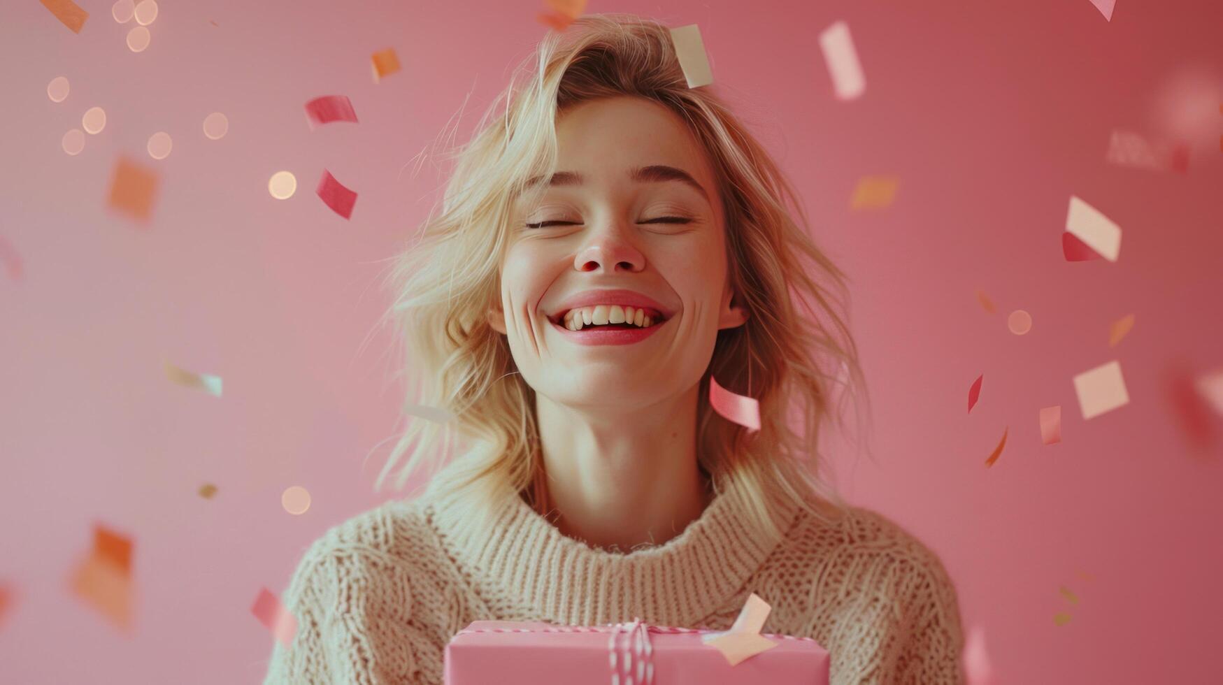 ai generato un' allegro bionda ragazza con gioia tremante un' regalo scatola, incuriosito di suo Contenuti mentre festeggiare sua compleanno foto