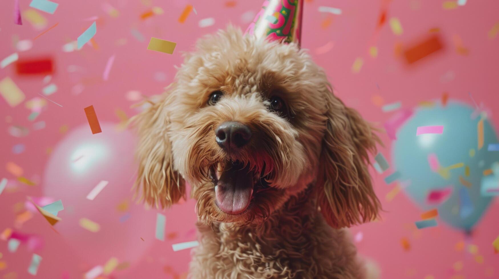 ai generato un' gioioso e adorabile labradoodle cane, indossare un' festa cappello, è festeggiare a un' compleanno festa foto