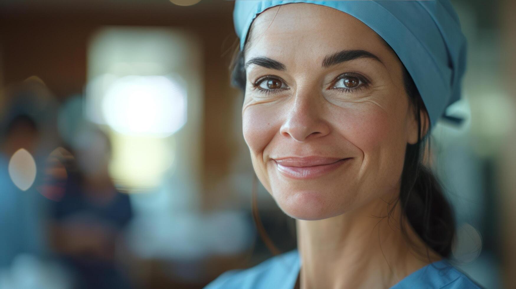 ai generato un' compassionevole infermiera, nel strofina, sorrisi calorosamente, che rappresentano cura e empatia nel il assistenza sanitaria professione foto