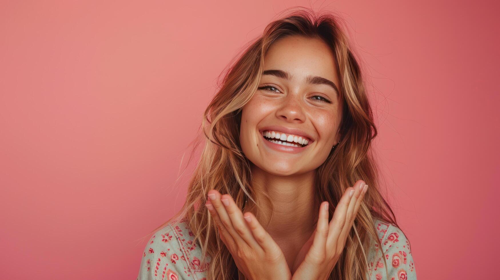 ai generato un' bellissimo giovane donna felicemente applaude sua mani, ride e sembra a il telecamera foto