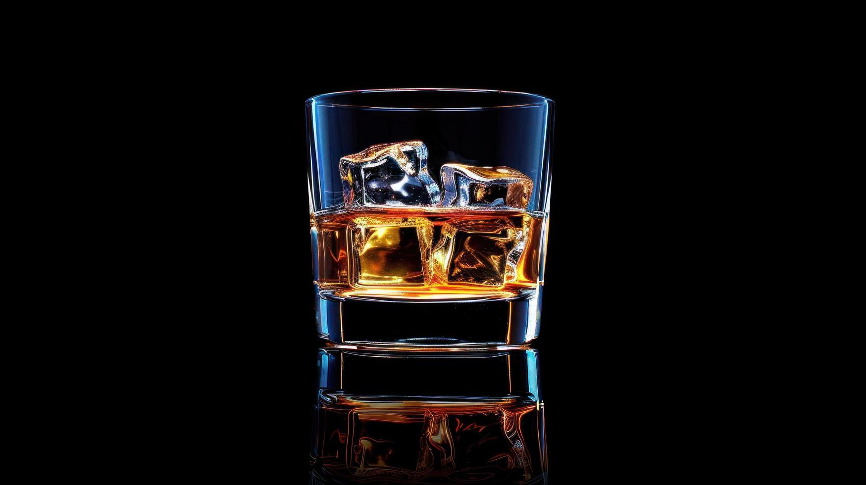 ai generato un' bicchiere con whisky e ghiaccio cubi sta su un' minimalista nero sfondo su il sinistra foto