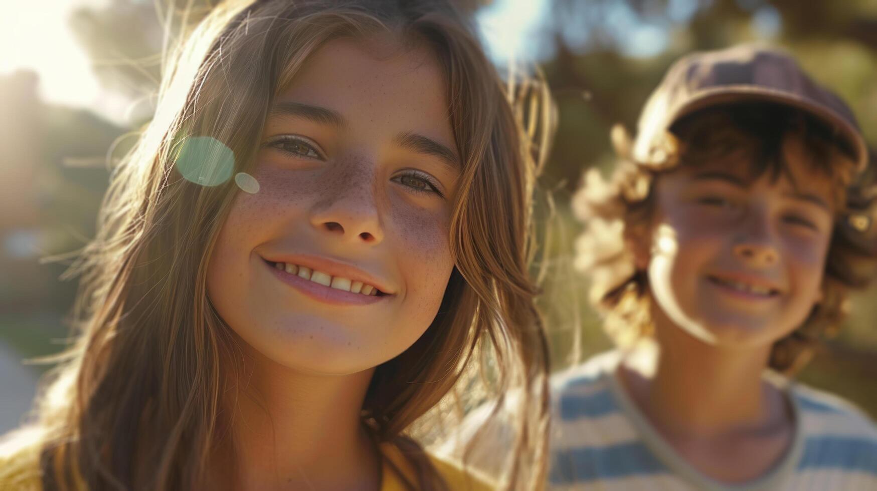 ai generato avvicinamento tiro di pre-teen amici sorridente a il telecamera nel un' parco foto