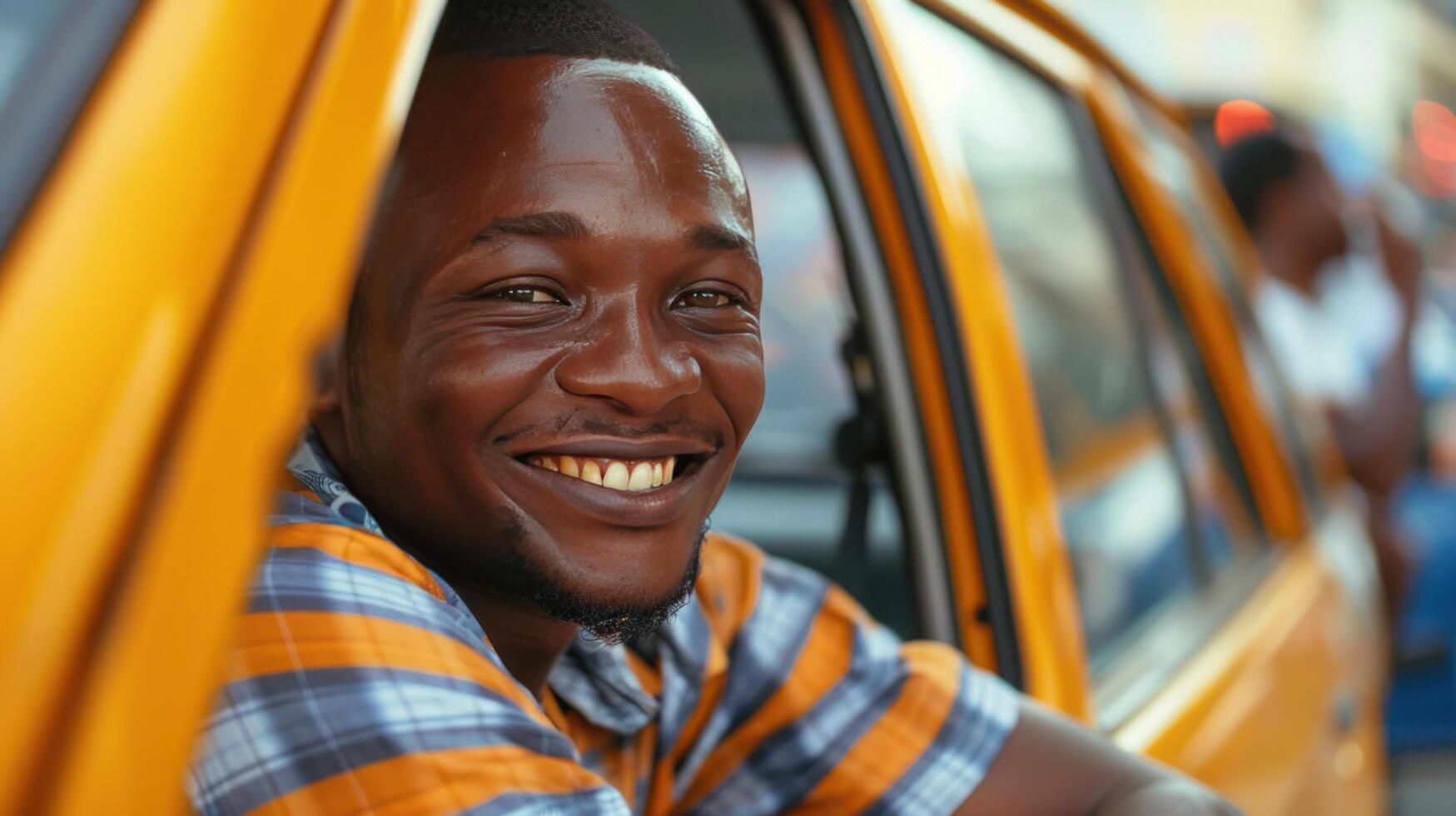 ai generato giovane Taxi autista sorridente mentre seduta nel il suo auto e guardare a il telecamera foto