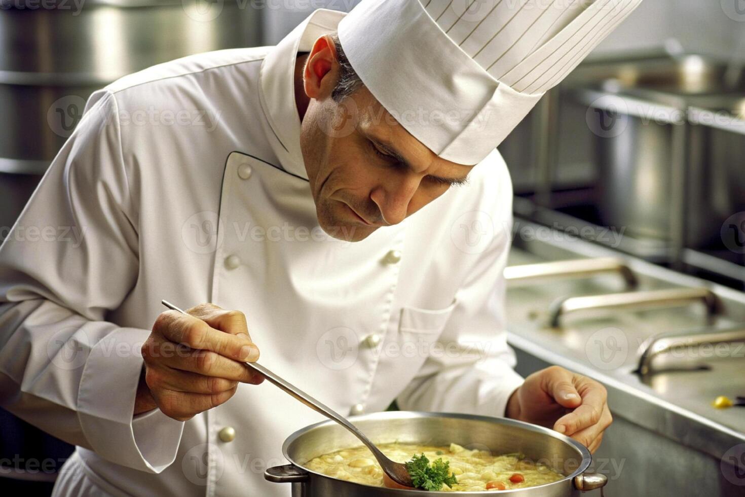 ai generato capocuoco nel Hotel o ristorante cucina cucinando, solo mani, lui è Lavorando su il salsa foto