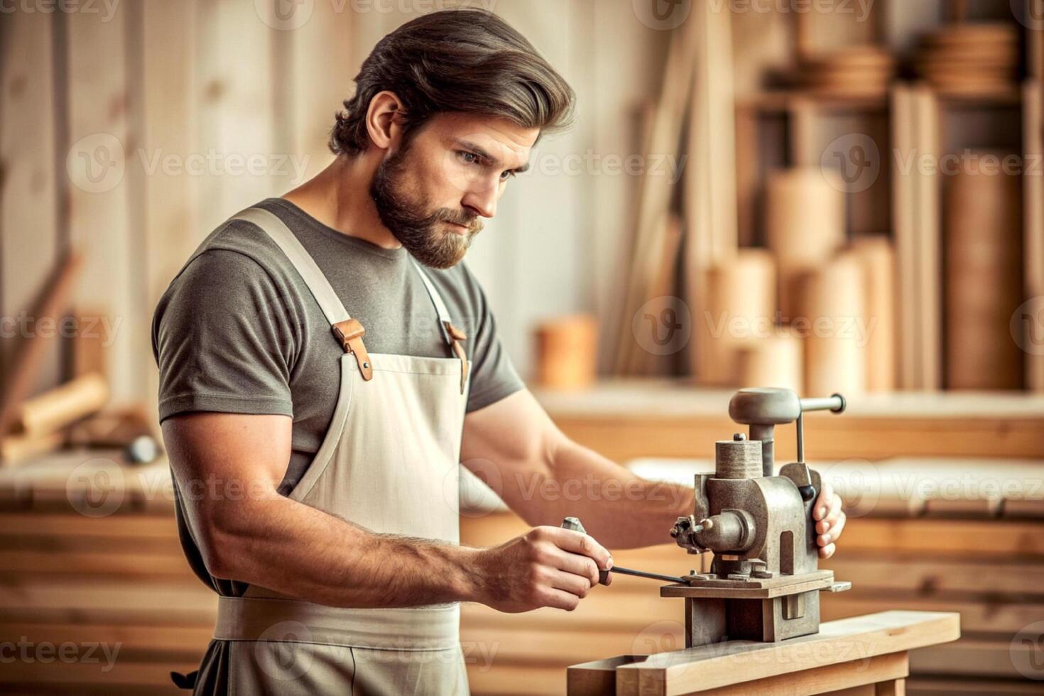 ai generato maschio falegname Lavorando di legno macchina laboratorio foto