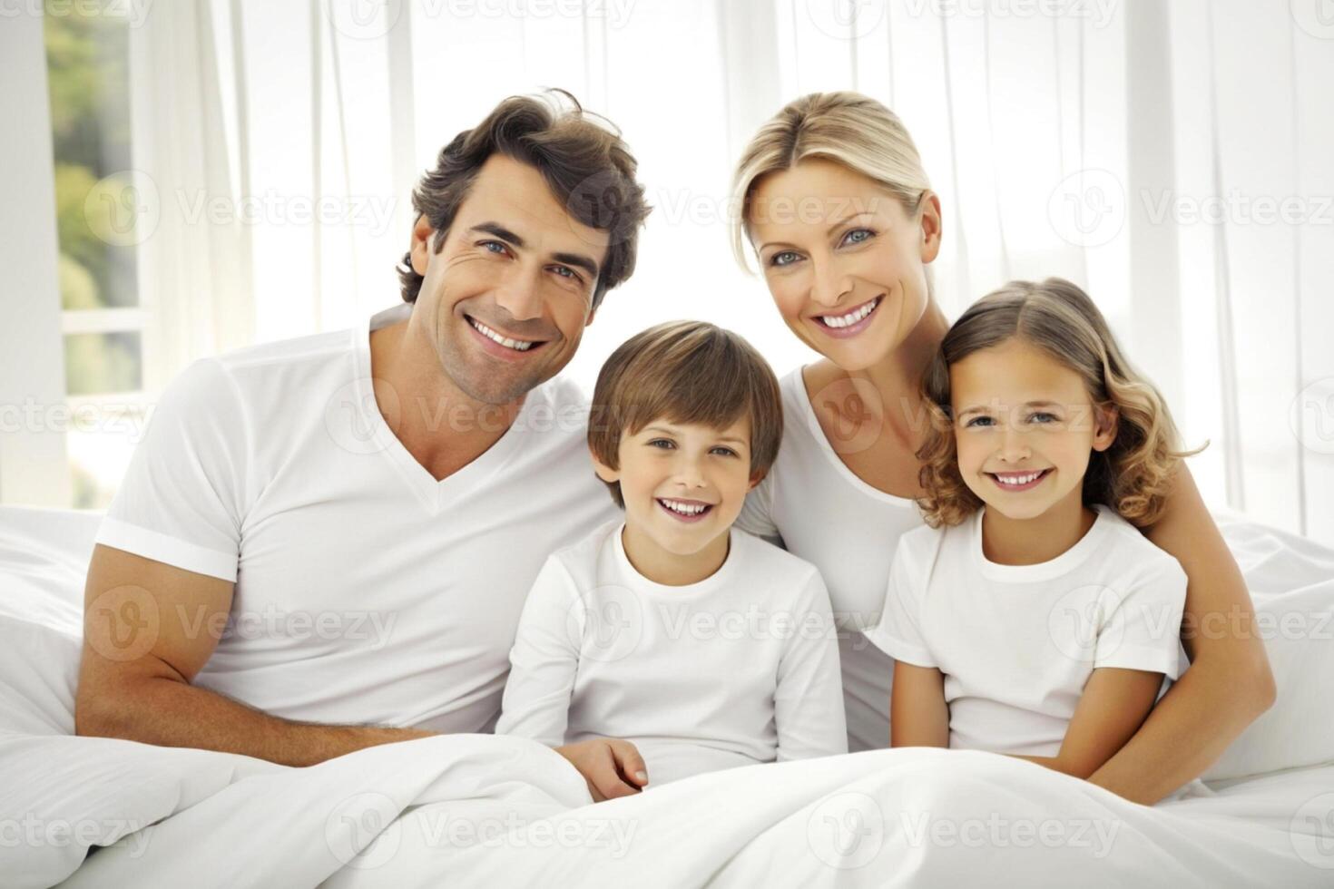 ai generato contento famiglia su bianca letto nel il Camera da letto foto