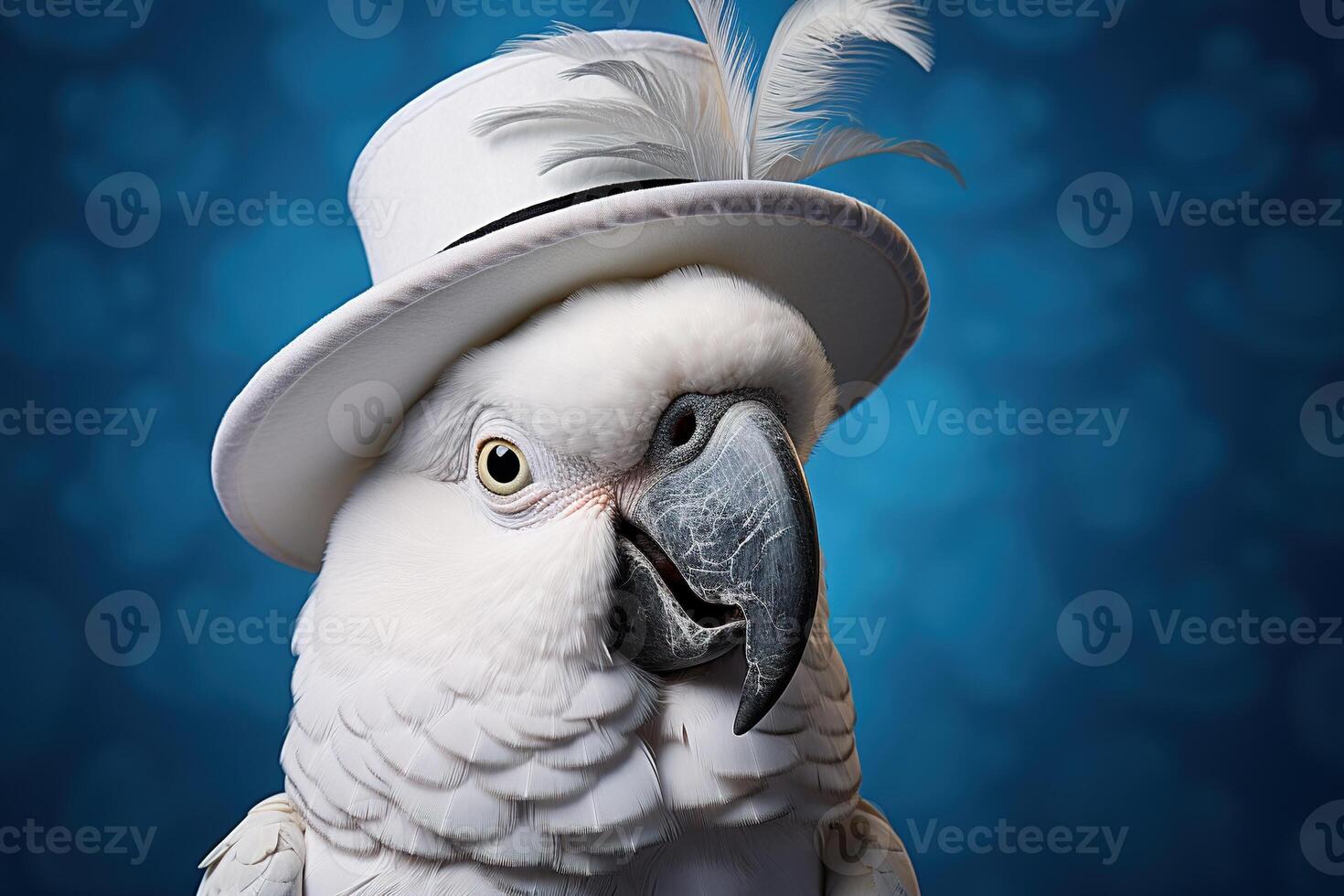 ai generato avvicinamento ritratto di un' bianca pappagallo nel cappello su blu sfondo foto