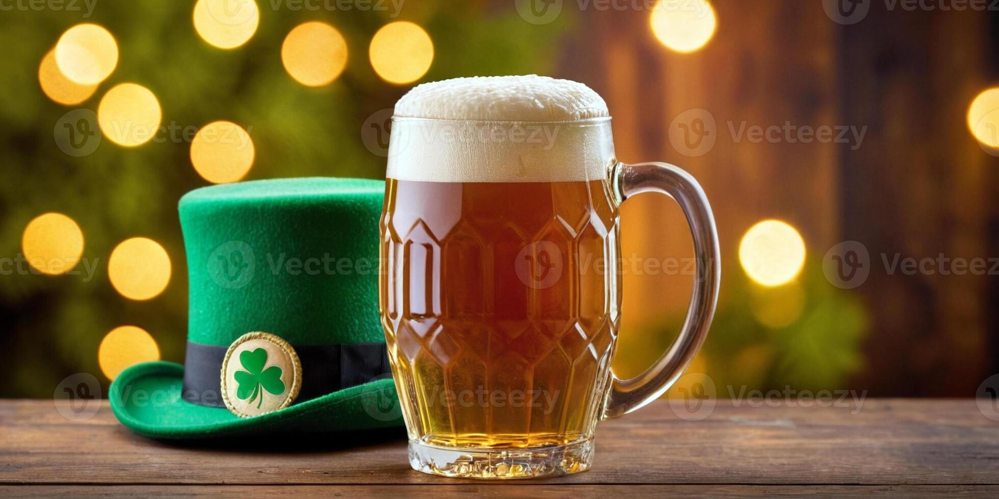 ai generato st. Patrick giorno sfondo. un' boccale di birra con un' verde cappello su un' di legno tavolo, contro un' bokeh sfondo. ai generazione foto