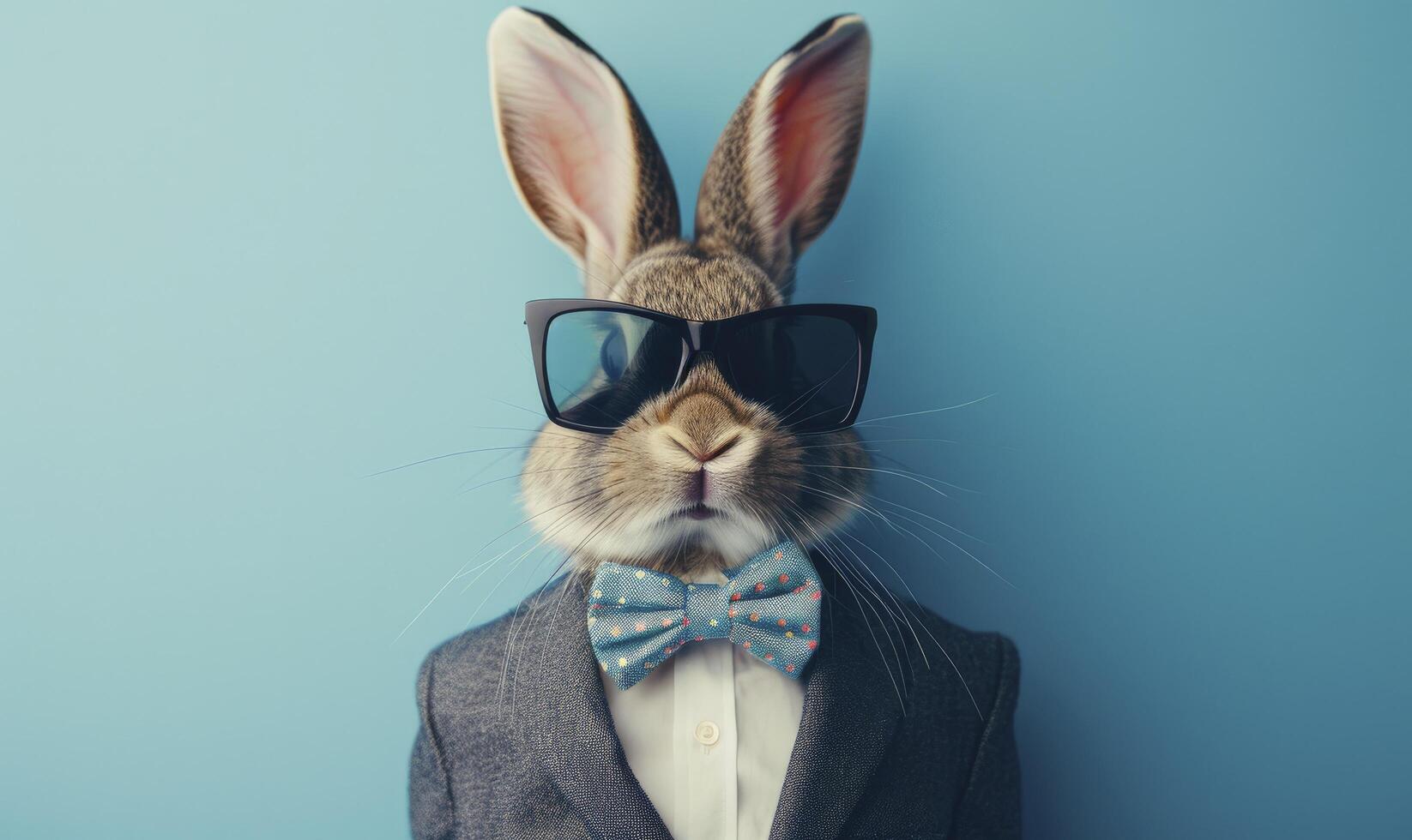 ai generato divertente Pasqua concetto vacanza animale celebrazione saluto carta - freddo Pasqua coniglietto, coniglio con completo da uomo, occhiali da sole e arco legare, isolato su blu sfondo foto
