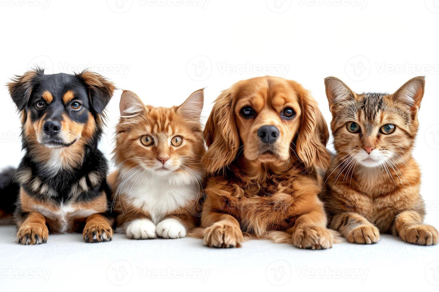 ai generato amichevole ritratto di cani e gatti su un' bianca sfondo foto