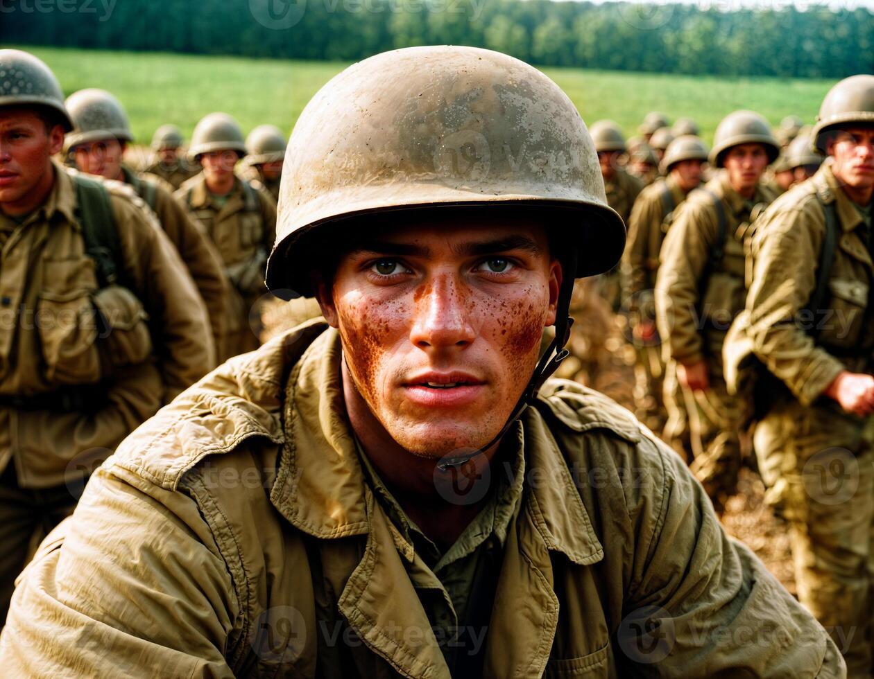 ai generato foto di intenso soldato uomo nel esercito attrezzatura e casco nel grave pericoloso guerra a piedi su campo, generativo ai