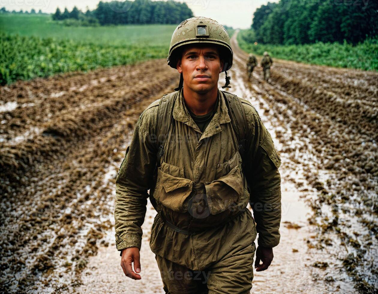 ai generato foto di intenso soldato uomo nel esercito attrezzatura e casco nel grave pericoloso guerra a piedi su campo, generativo ai