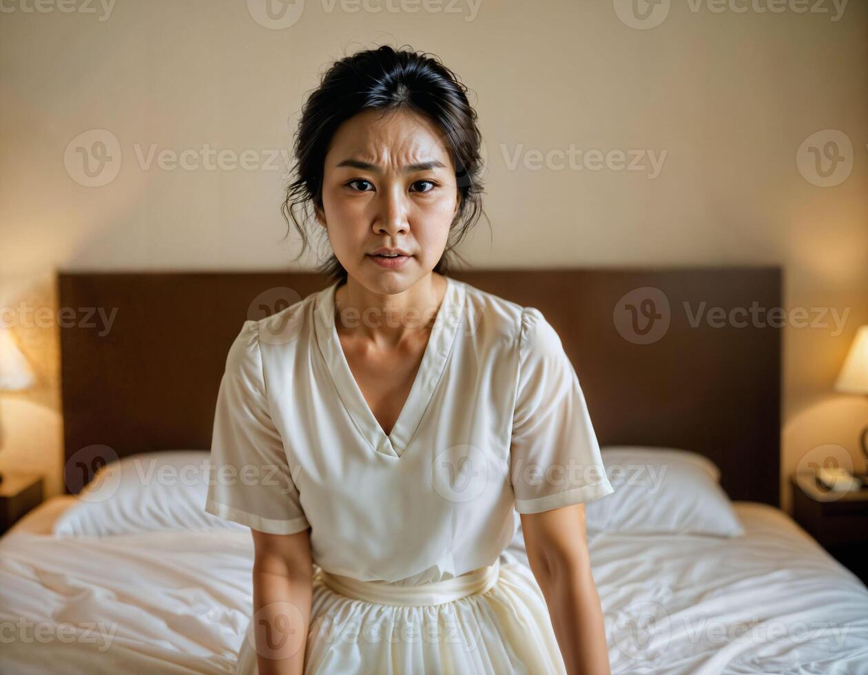 ai generato foto di bellissimo asiatico donna come un' moglie con curioso viso sensazione a Camera da letto, generativo ai