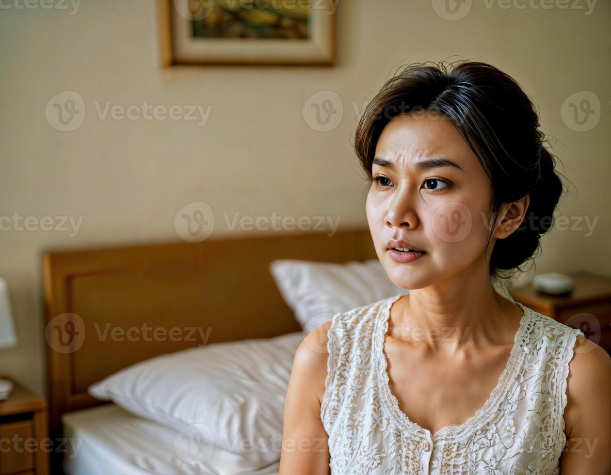 ai generato foto di bellissimo asiatico donna come un' moglie con curioso viso sensazione a Camera da letto, generativo ai