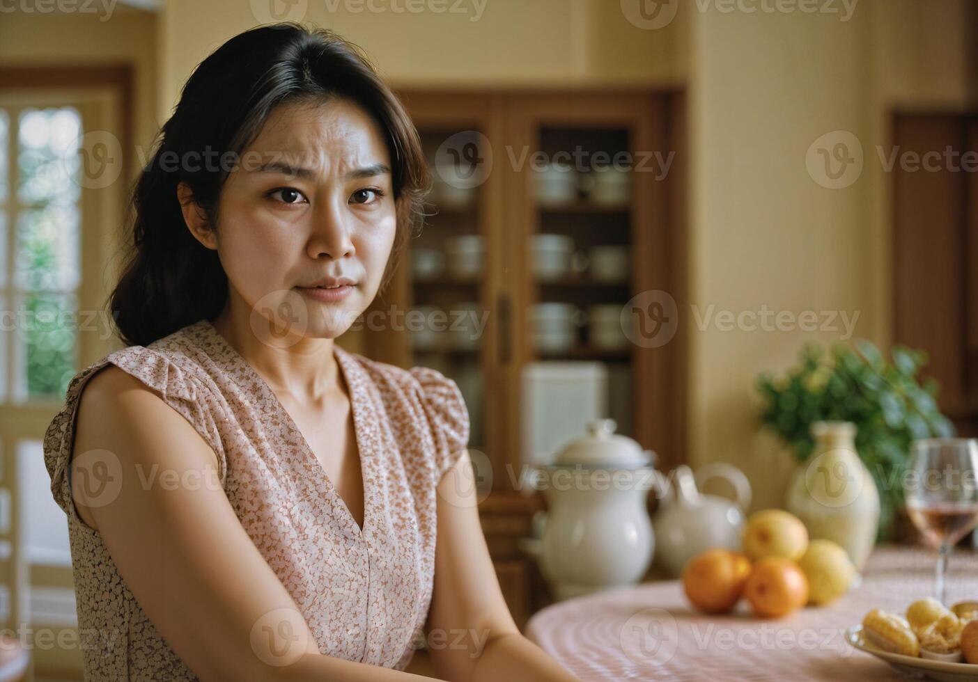 ai generato foto di bellissimo asiatico donna come un' moglie con curioso viso sensazione a cucina, generativo ai