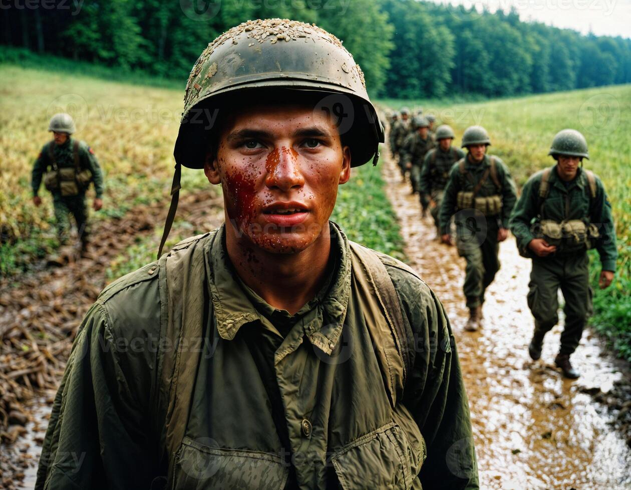 ai generato foto di intenso soldato uomo nel esercito attrezzatura e casco nel grave pericoloso guerra a piedi su campo, generativo ai