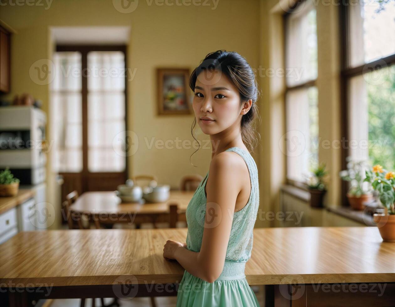 ai generato foto di bellissimo asiatico donna come un' contento moglie a cucina, generativo ai