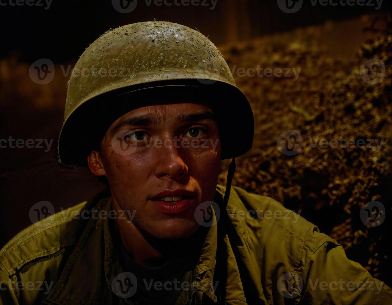 ai generato foto di intenso soldato uomo nel esercito attrezzatura e casco nel grave pericoloso guerra a notte, generativo ai