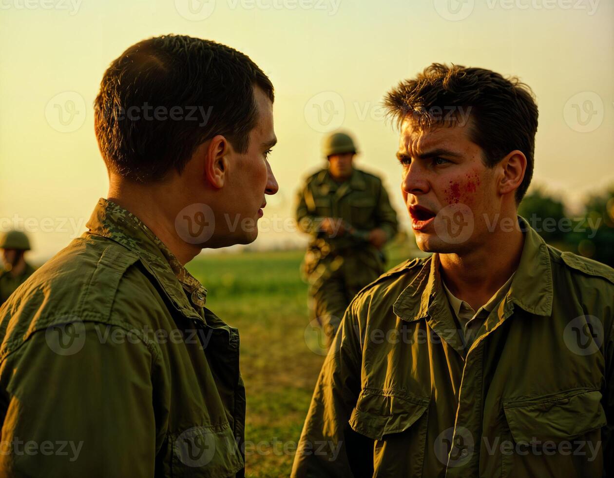 ai generato foto di intenso soldato uomo nel esercito attrezzatura e casco nel grave pericoloso guerra discutere con Altro, generativo ai