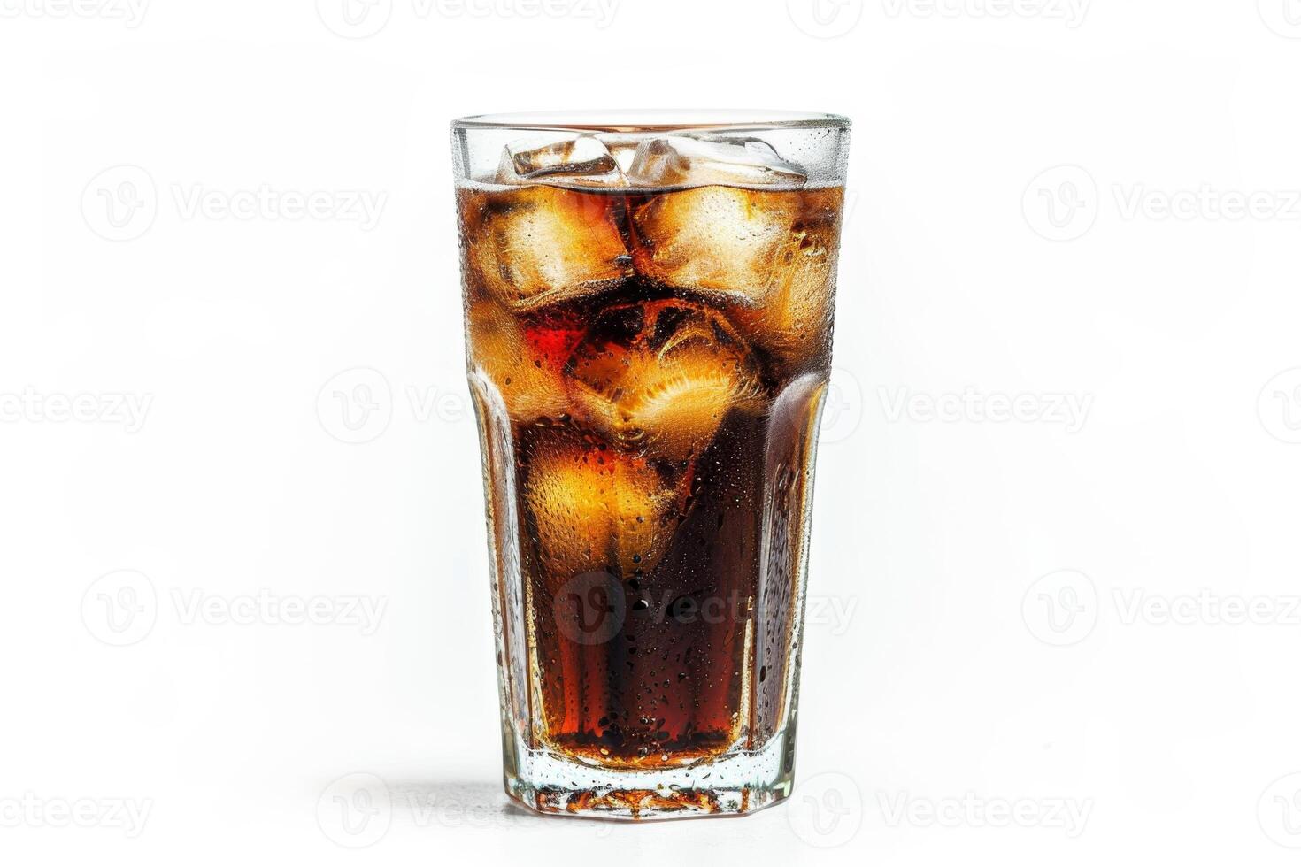 ai generato Coca Cola con ghiaccio nel un' bicchiere su un' bianca sfondo foto