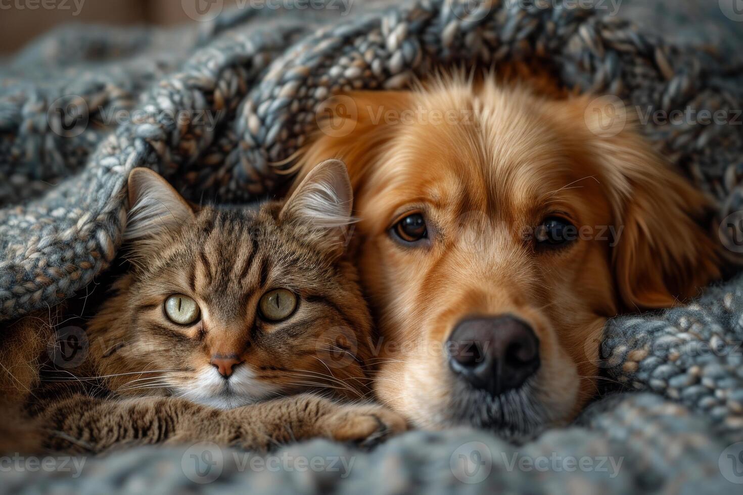 ai generato un' cane e un' gatto menzogna insieme sotto un' caldo coperta a casa . amicizia di animali domestici foto