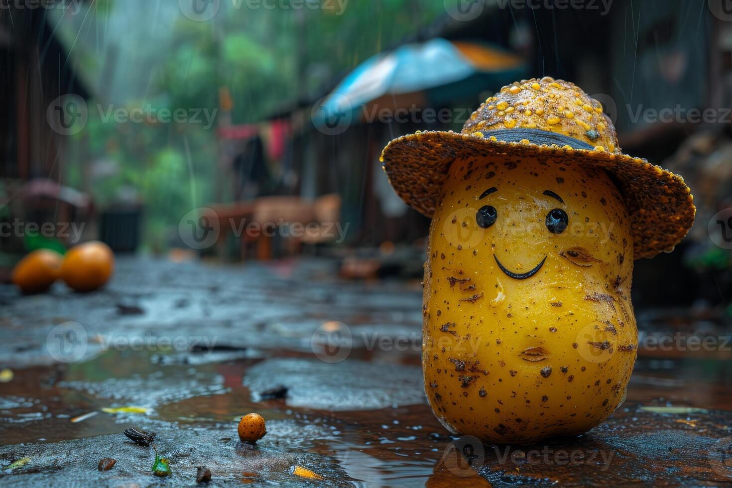 ai generato patate nel un' giallo cappello con un' divertente smiley viso foto