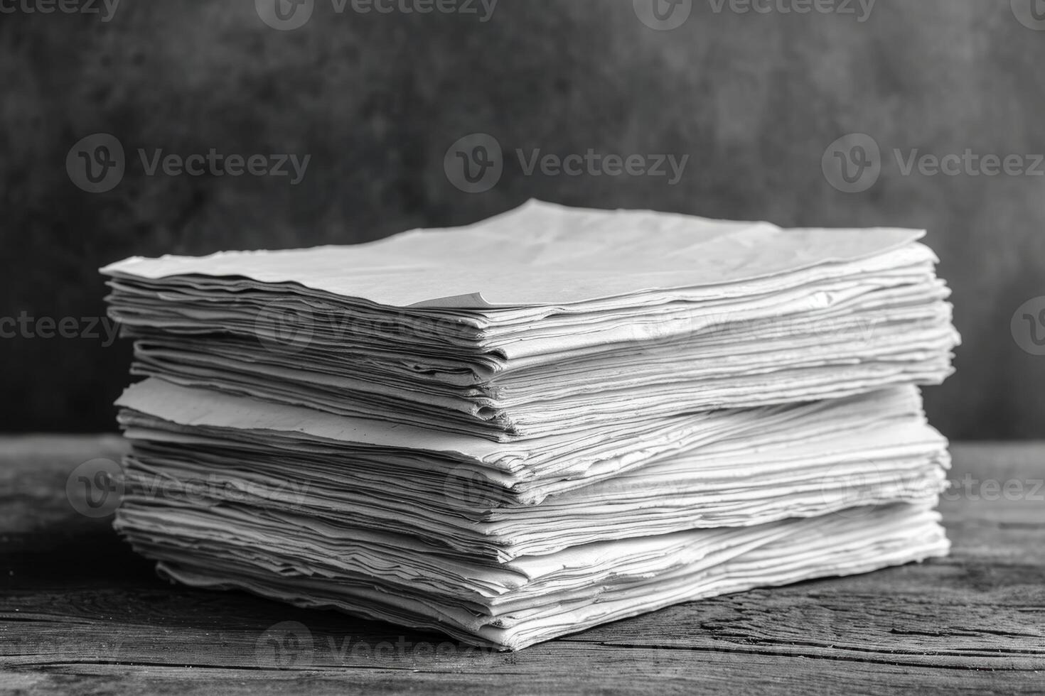 ai generato un' pila di lenzuola di carta su il tavolo, carta documenti incollato su il tavolo. attività commerciale concetto foto