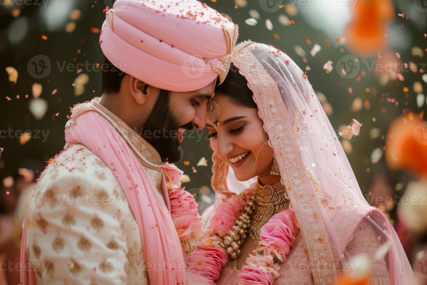 ai generato indiano sposa e sposo a un' festivo cerimonia. indiano nozze foto