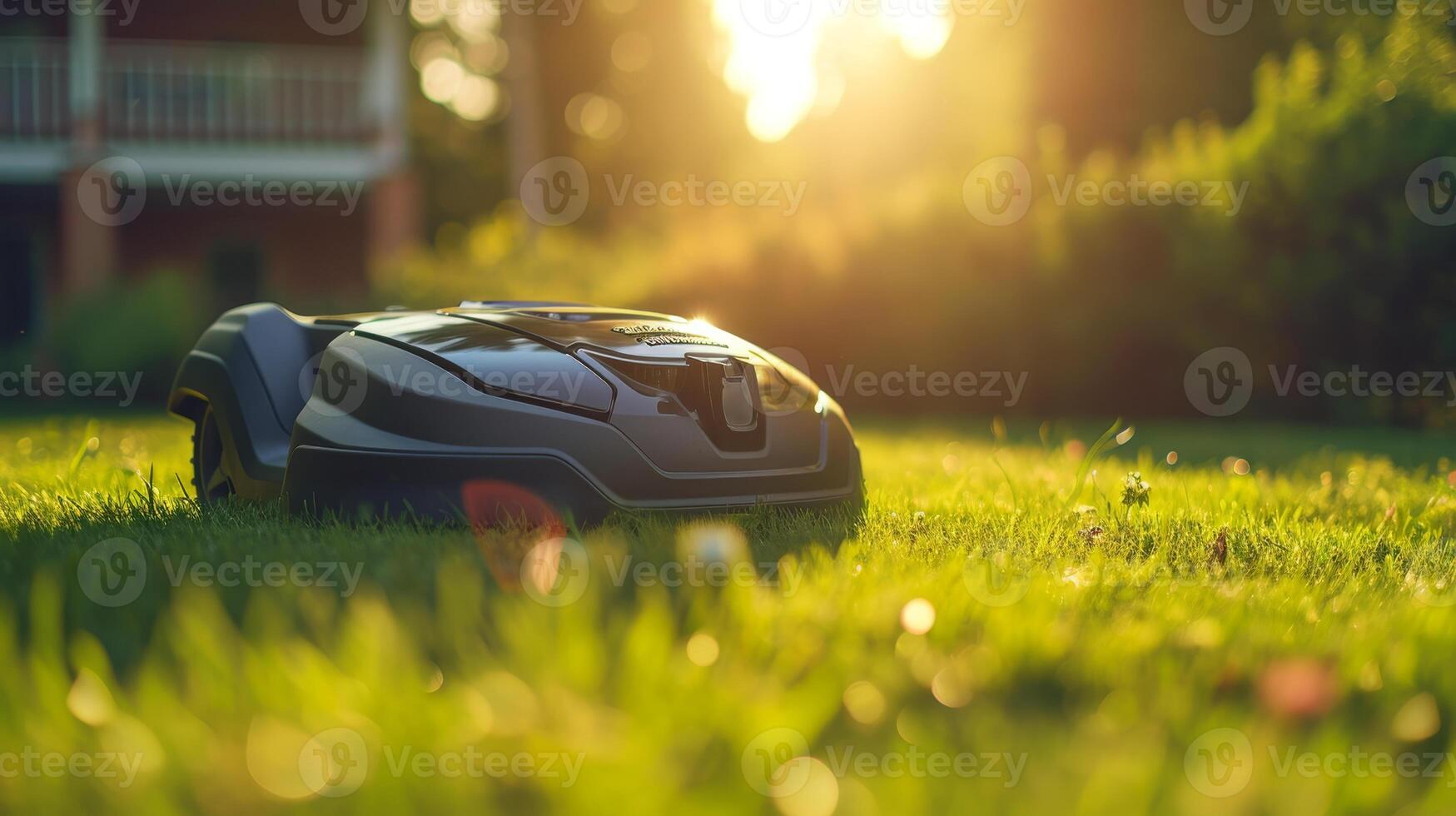 ai generato un' robotica prato falciatore sta su il prato vicino il Casa a tramonto foto