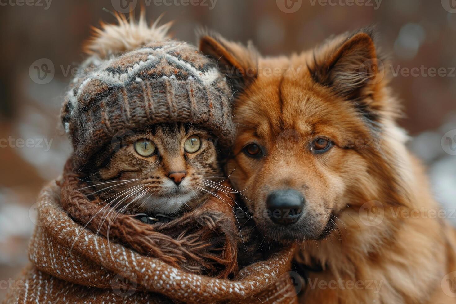 ai generato un' cane e un' gatto nel un' cappello avvolto nel un' plaid nel inverno su il strada. amicizia di animali domestici foto