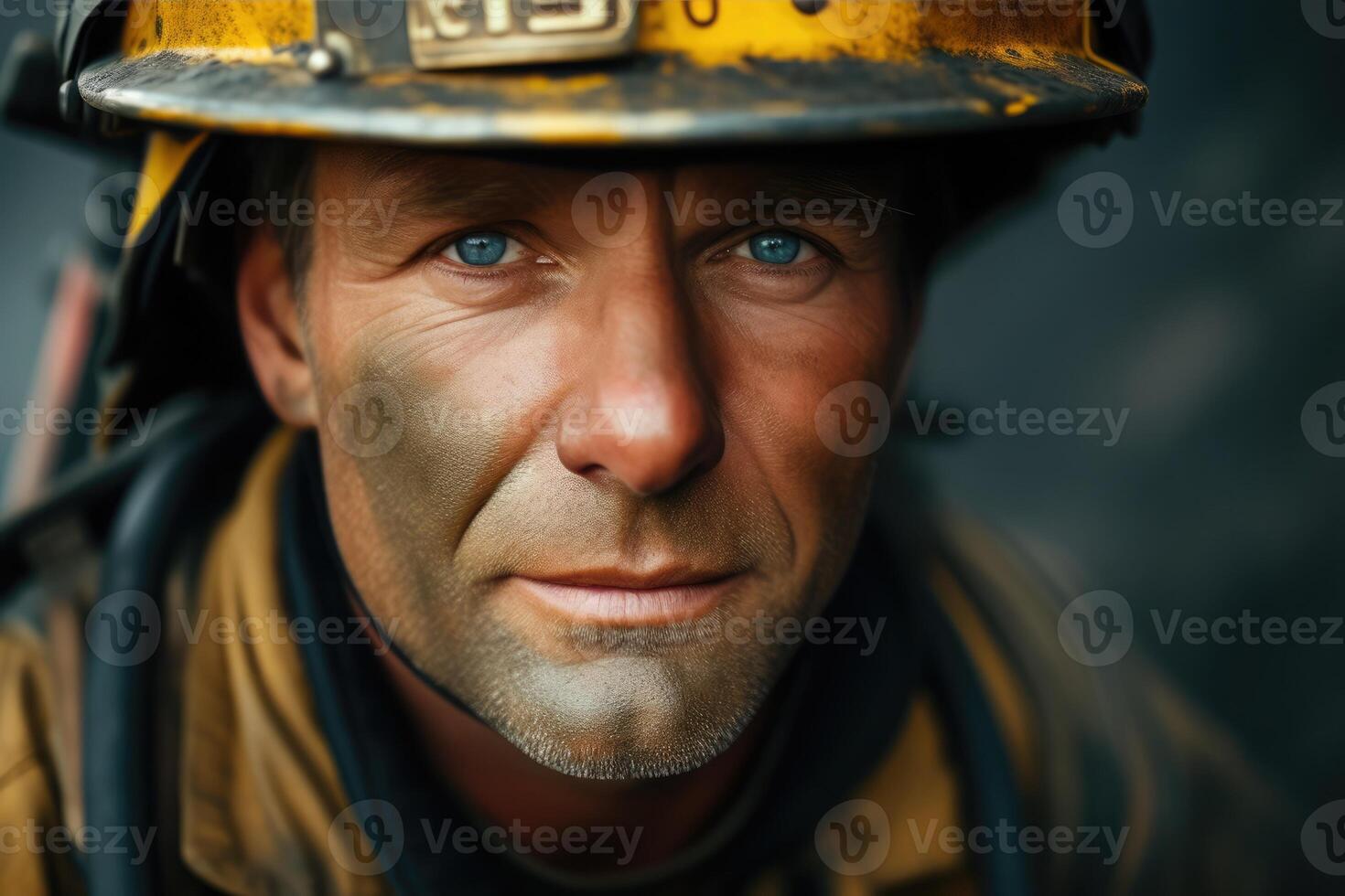 ai generato avvicinamento ritratto di un' grintoso pompiere con un' imbrattato di fuliggine viso, riflettendo dedizione e coraggio. foto