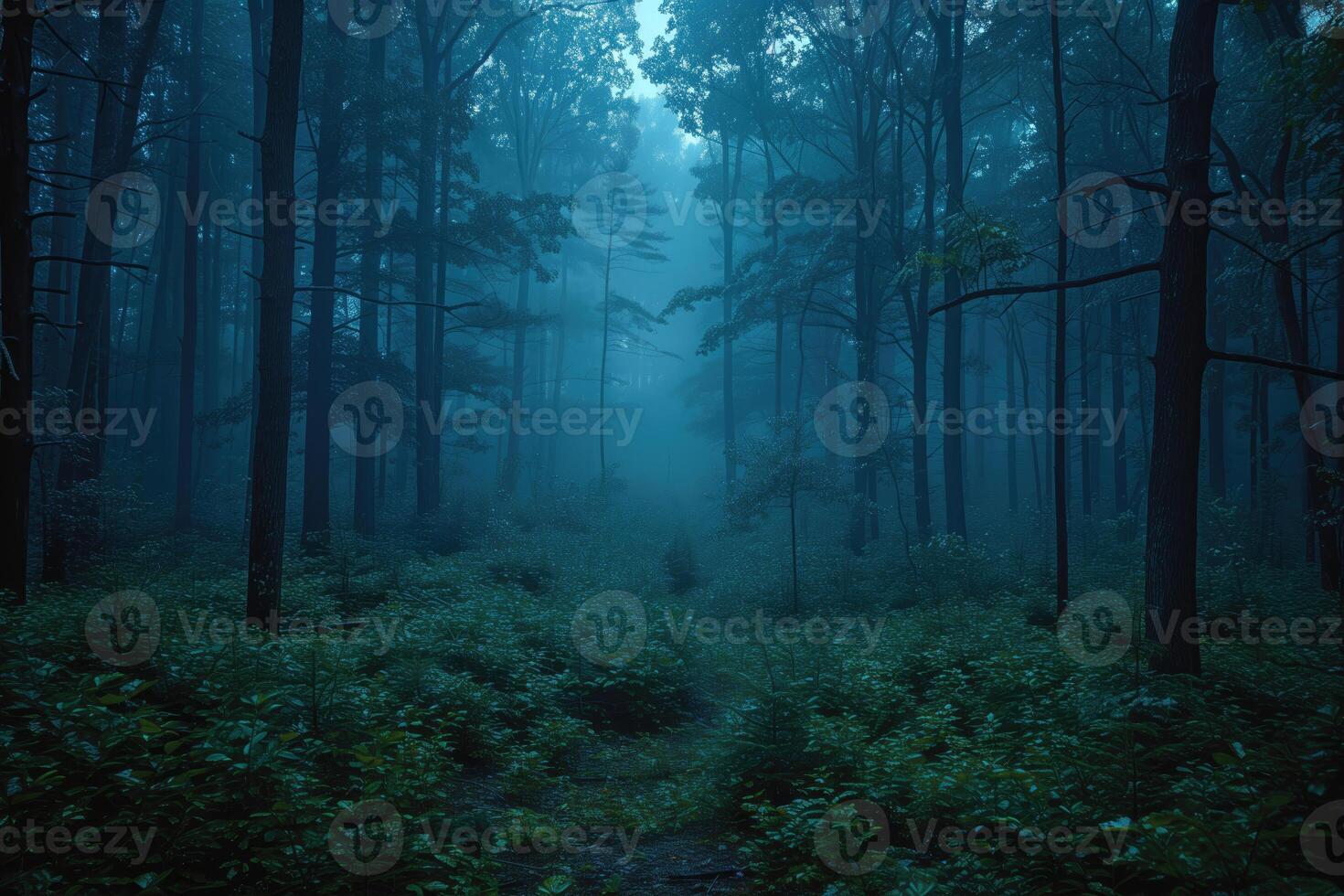 ai generato misterioso nebbioso buio foresta a notte foto