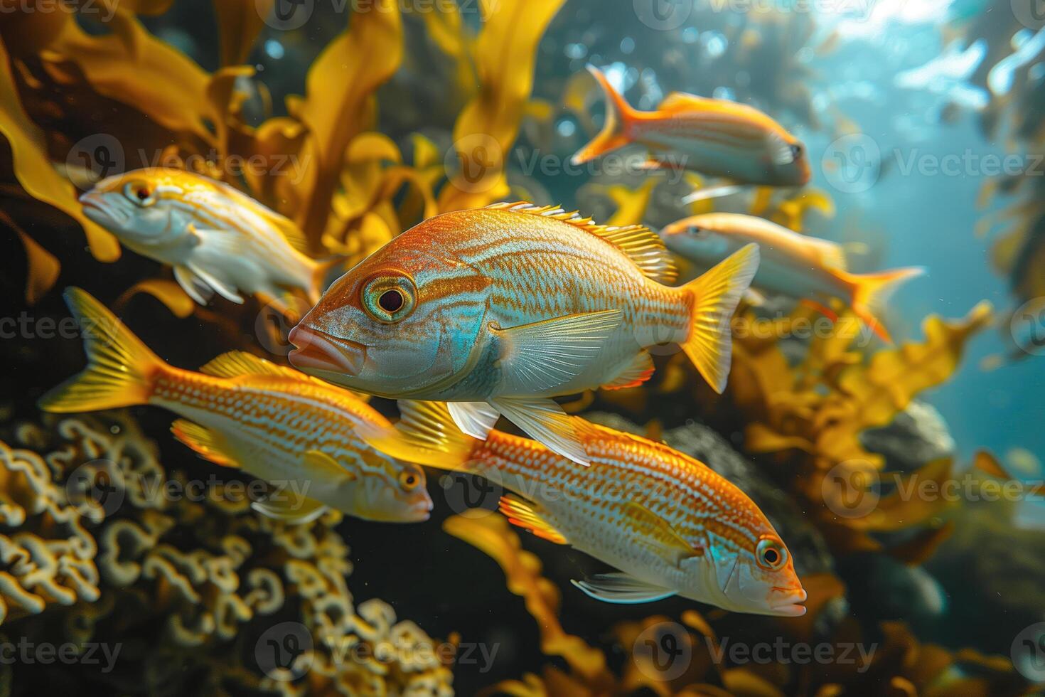 ai generato pesce brulicante subacqueo tra alghe foto