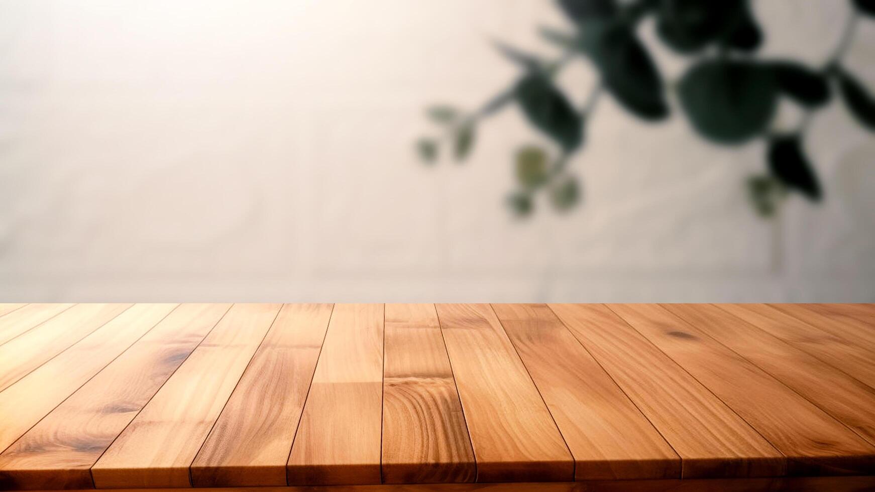 vuoto di legno tavolo e sfocato sfondo con un' bokeh Immagine. per Prodotto Schermo foto