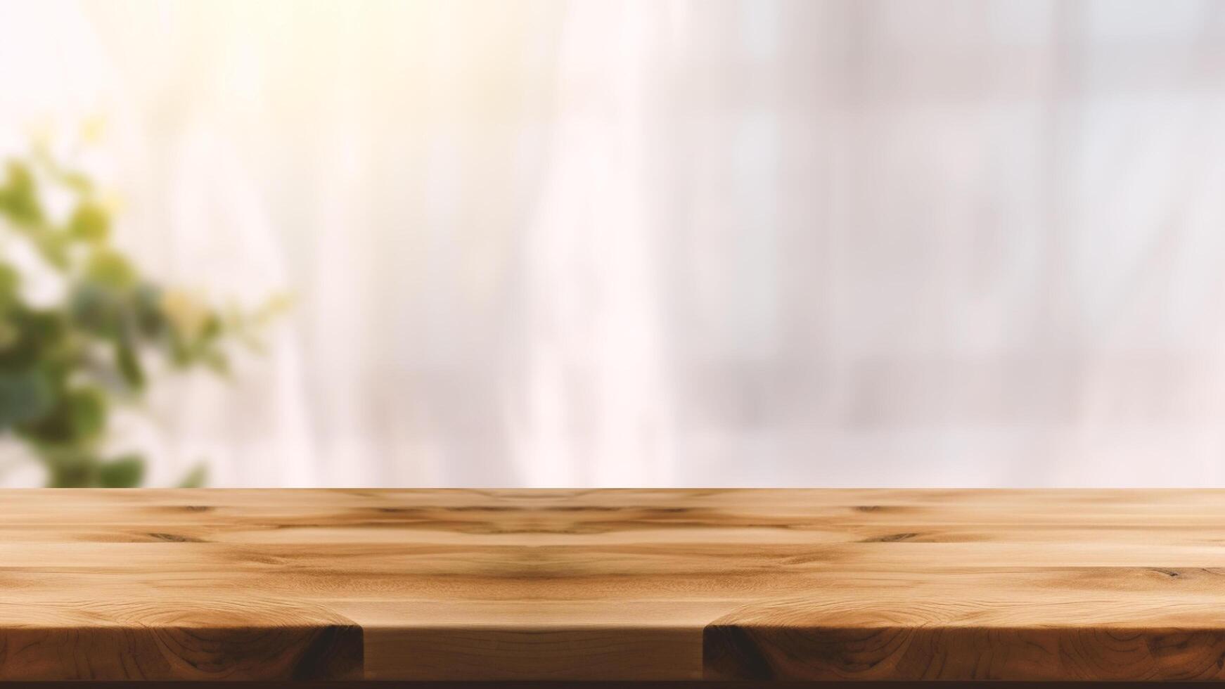 vuoto di legno tavolo e sfocato sfondo con un' bokeh Immagine. per Prodotto Schermo foto