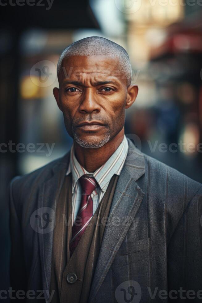 ai generato un' avvicinamento ritratto di un africano uomo in piedi su il strada foto