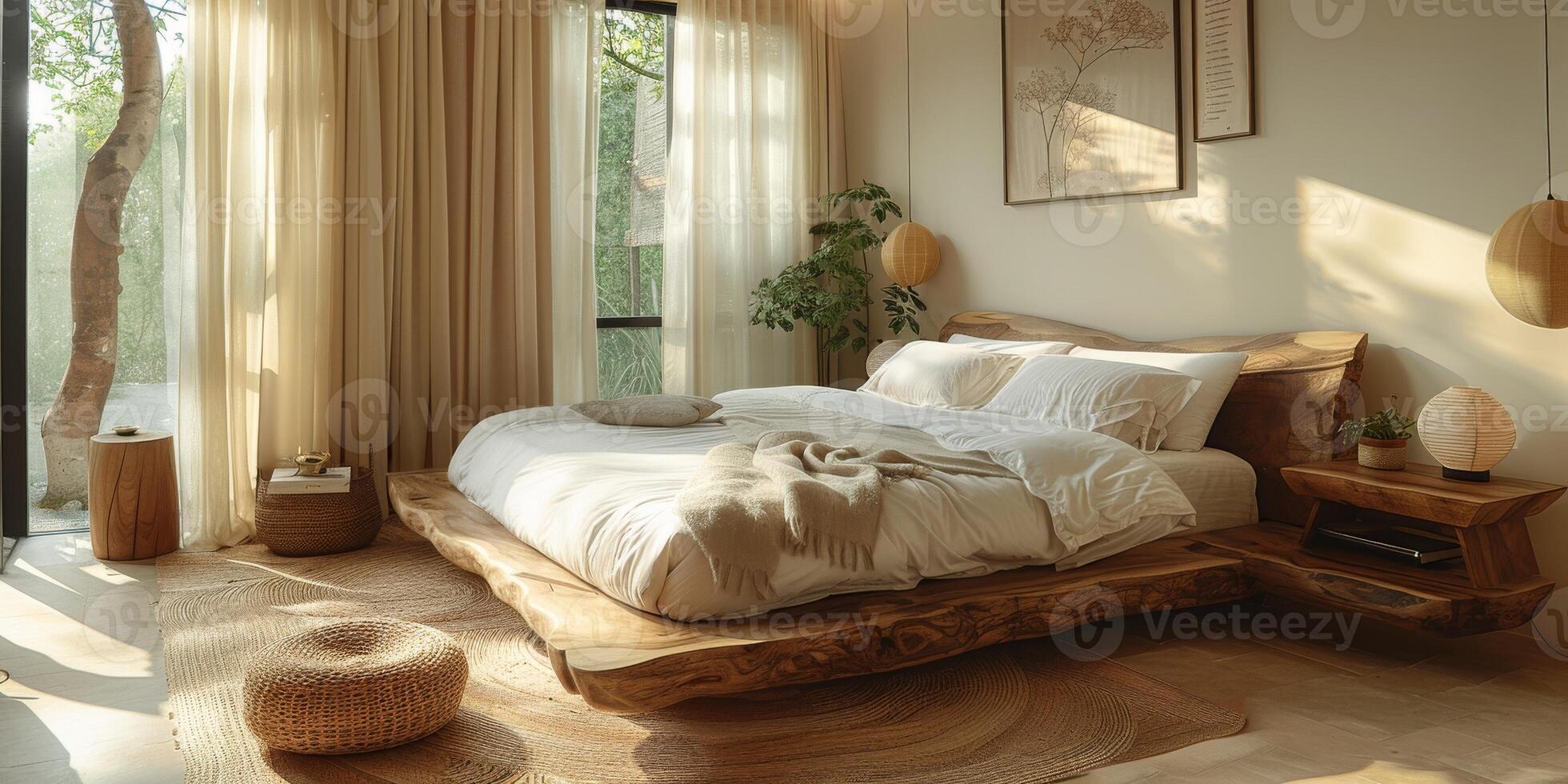 ai generato luminosa e accogliente moderno Camera da letto con di legno grande letto. levigante mattina leggero con moderno decorazione. 3d rendere foto