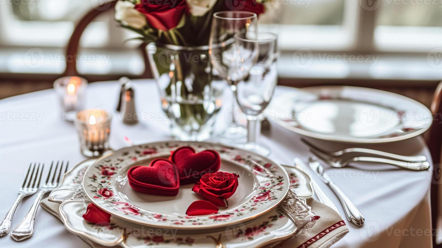 ai generato san valentino giorno tablescape e tavolo arredamento, romantico tavolo ambientazione con fiori, formale cena e Data, bellissimo posate e vasellame foto