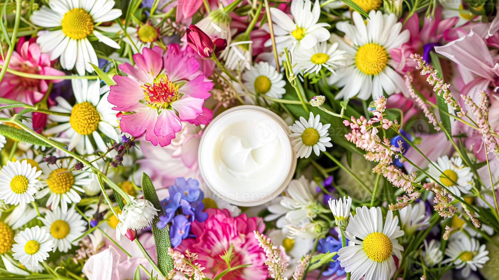 ai generato viso crema idratante come cura della pelle e cura del corpo Prodotto con fiori sfondo, terme e biologico bellezza cosmetici per naturale pelle cura routine foto