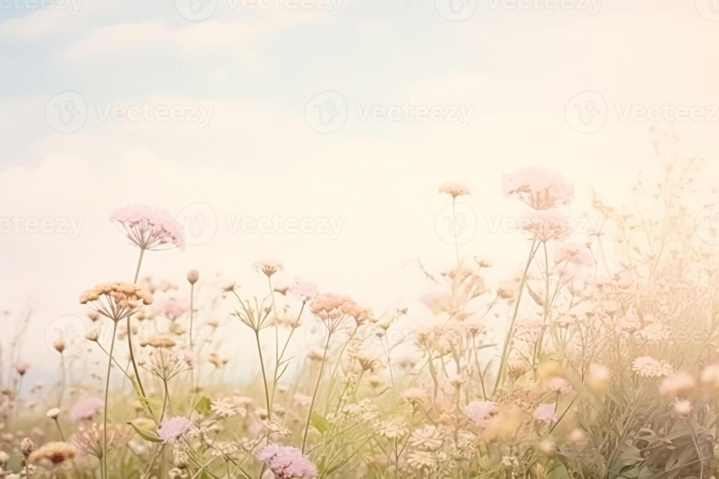 ai generato pittoresco prato pieno con vivace fiori selvatici, crogiolarsi nel il caldo luce del sole di il inglese campagna, natura sfondo foto