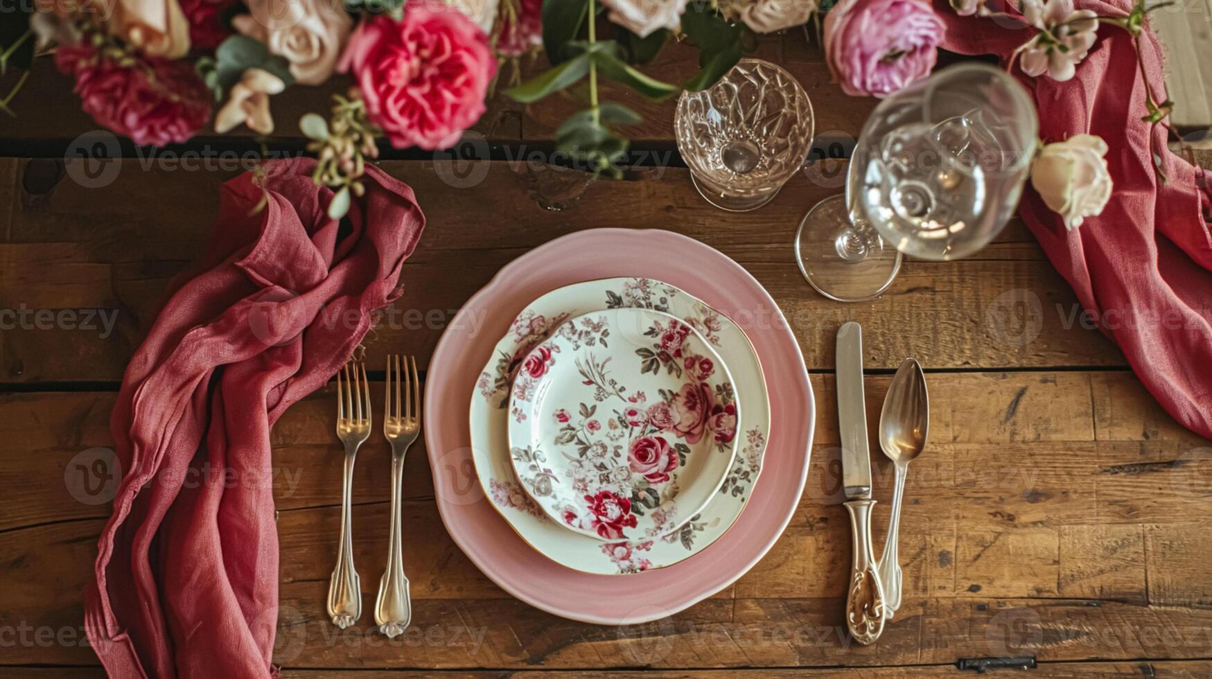 ai generato san valentino giorno tablescape e tavolo arredamento, romantico tavolo ambientazione con fiori, formale cena e Data, bellissimo posate e vasellame foto